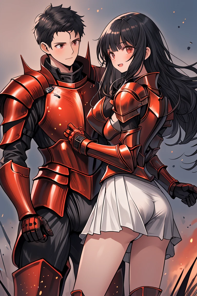 female knight　Red Armor　Torn white skirt　White underwear　Black Hair　battlefield