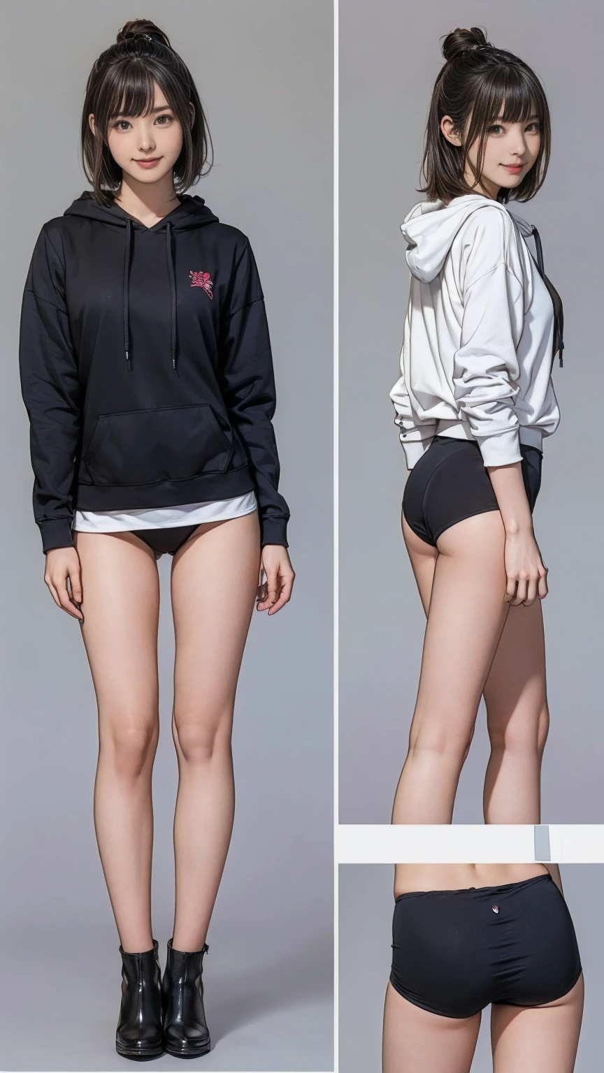 ((masterpiece)),(((Highest quality))),((Character design sheet)), Thin thighs,Long legs,18 year old Japanese girl, Cute type,The best smile:1.5,Colorful long hoodie:1.5, A glimpse of black panties:1.5,Short cut side wave , (Highly detailed skin), background is gray,