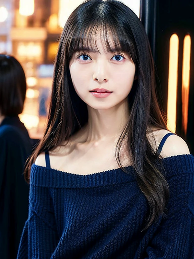 extremely detailed CG unity 8k wallpaper, best quality, ultra-detailed, masterpiece, realistic, photo realistic, extremely detailed cute girl, 27years old, blush, parted lips, dropping eyes, blue off-shoulder sweater, mini skirt, panty shot, looking at viewer , half body shot , Tokyo street,Complete quality。8K imAge。Super high quality。(((That personBeautiful woman。:3.4)))26Age
