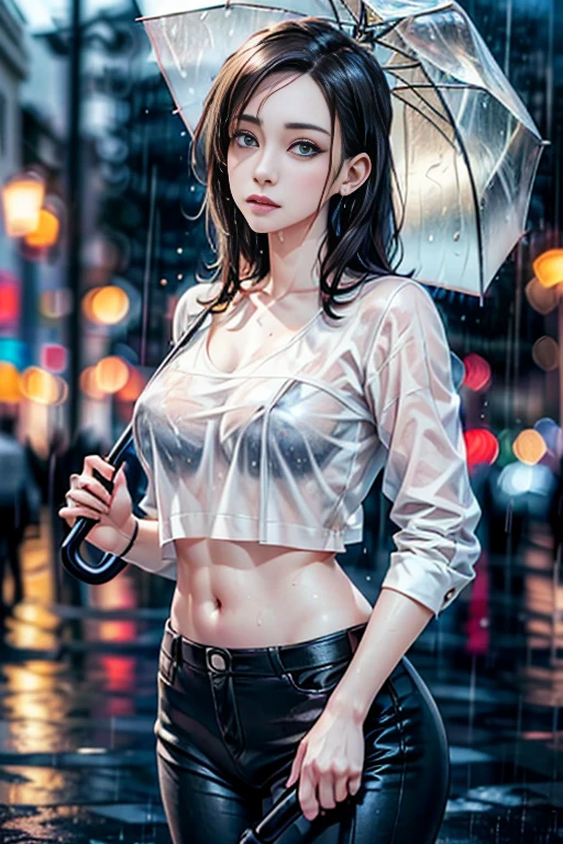 ((Stoya holding an umbrella handle:1.1))、(raining:1.4)、in the city、Close and distant views、(Highest quality、4K、8K、High resolution、masterpiece:1.2)、Super detailed、(Real、Photorealistic、Photorealistic:1.37)、Detailed、Beautiful sky、gloomy、Calm atmosphere、cloudy、Detailed midriff、sexy、Quiet landscape、erotic、 