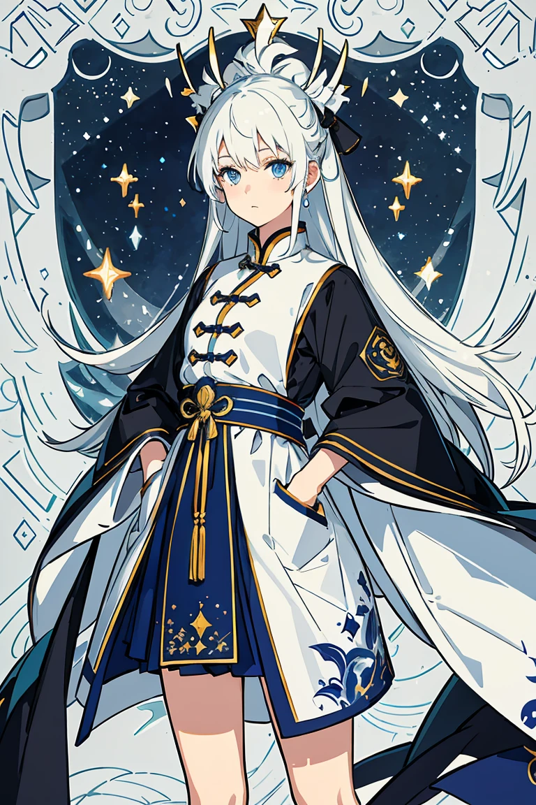 masterpiece, best quality, CG, wallpaper, HDR, high quality, high-definition, extremely detailed, 1girl, young, black and white hair, traditional Chinese clothing, blue eyes, starry, starlight, starry sky, causal clothes, hands in pockets