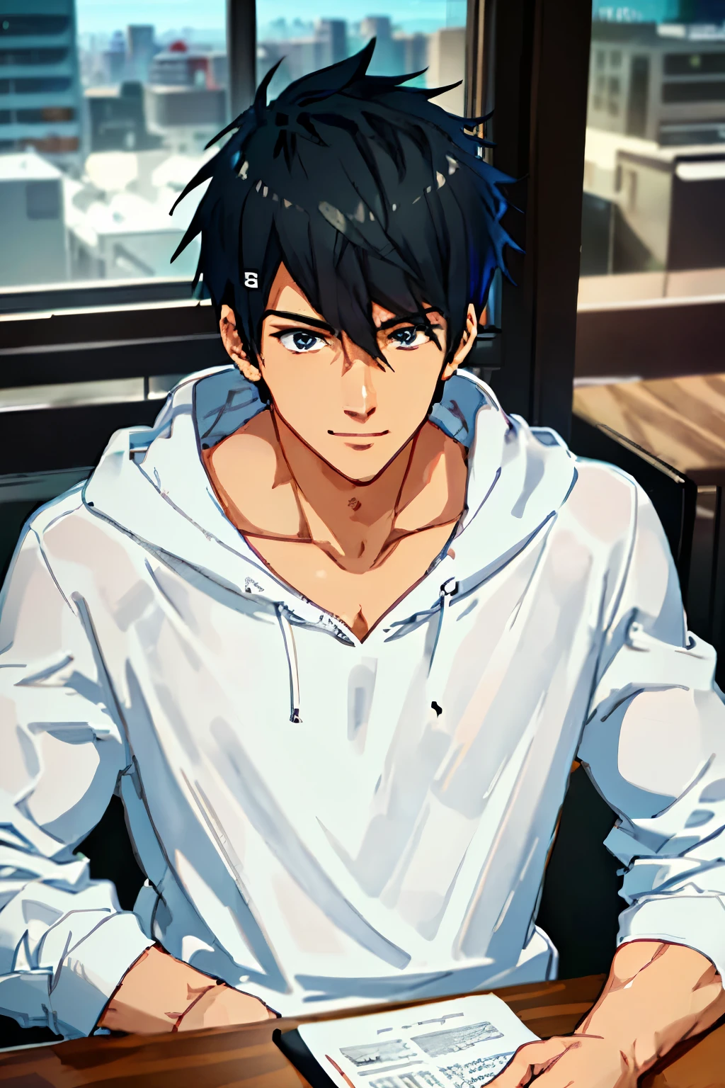 handsome young man, With defined facial features and muscular physique, Black spiked hair, white hoodie, fit body, Desk-seated, face palm, Anime-inspired, smiling, A bit distracted, Vivid colors, Window view, Cafe atmosphere, Professional lighting, Manly, High-resolution, 4K, HD, Detailed facial features, Sparkling eyes, Realistic, Masterpiece