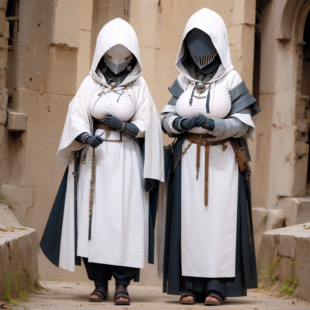 ((giganticbreasts)),pale skin,girl,clothed,knight hooded cloak,Iron Mask