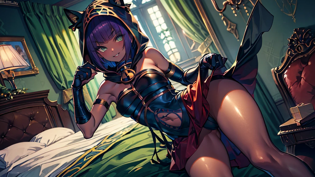 Masterpiece, best quality, absurdres, ((1girl)), , menat_holiday, light smile, dark skin, Green eyes, egyptian, bob cut, red dress, (black hood), black gloves,(shiny thighs),, , bare shoulders,sexy thighs,beautiful hip line,((solo)),,evil smile,,,in bedroom,upskirt,doggy style,parted lips,lip,