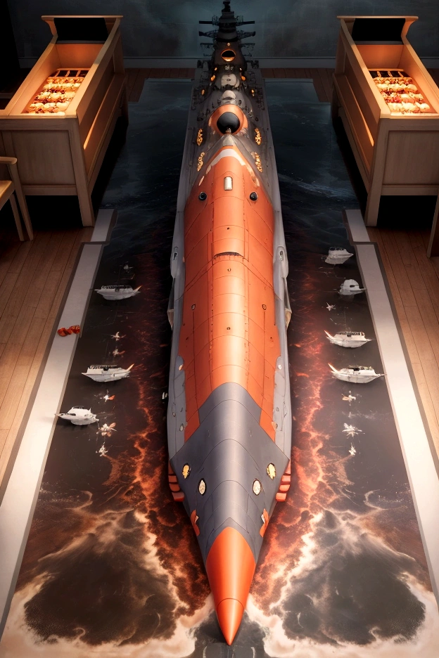 (best quality,4K,8K,high resolution,Super CG Rendering,Downward view,Broad View,On the table:1.2),Extremely detailed,(Practical,Reality,Photorealistic:1.37),Raging Spaceship, Perfect Battleship design,Epic Composition,Epic scene,Practical military background, Amazing naval battle, Battleship, warship, Cancore style, wallpaper, Battleship, Large-scale naval battles full of fantasy elements, Yamato Battleship, Fleet Collection Arcade Game Room, high quality, Extremely detailed, submarine, Surrounded by red,Downward view,Ultra-wide-angle lens shooting effect,Film Tone,Professional lighting,Sunset,Orange sky,dreamy clouds