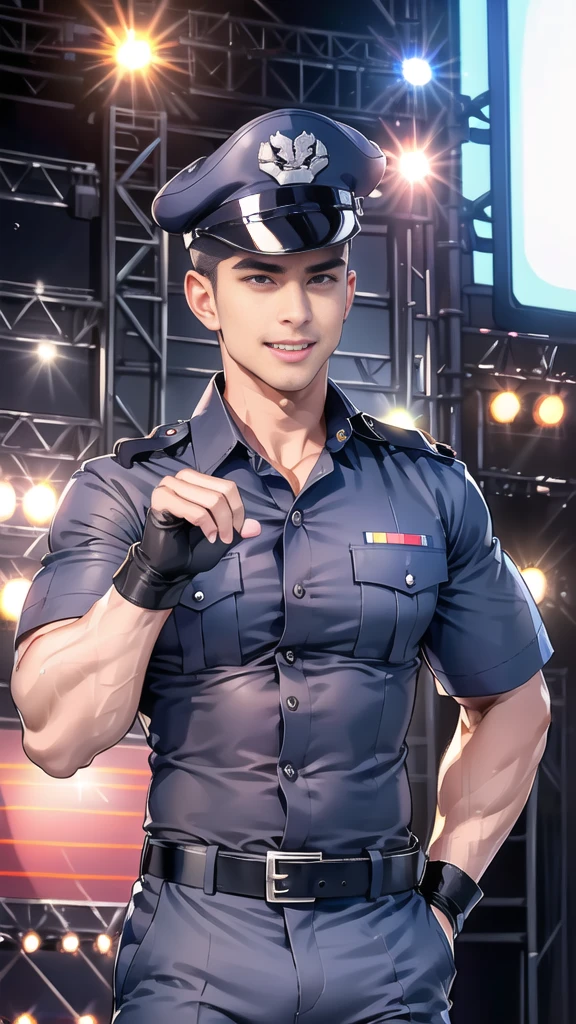 handsome man,(crew cut short hair:1.2),black eye,smile,open mouth
(navy police uniform:1.2),(shirt short sleeves:1.2),collar,(shirt covered over:1.2),(name tag and Police badge:1.2),(shirt no buttons:1.1),(black_gloves:1.3),
(Navy blue cargo:1.2),Korean guy,korean men,(High gloss details),(chest muscles:1.2),(large arm muscles:1.2),blood vessel,Big muscles,Broad shoulders,looking at the audience,Balancing the eyes,middle of the road,(stage:1.4),