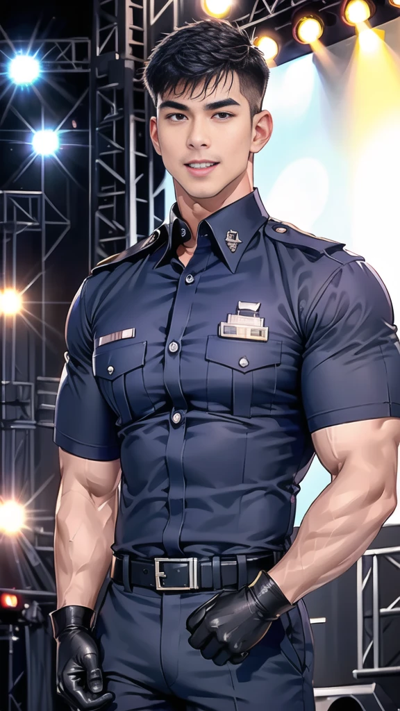 handsome man,(crew cut short hair:1.2),black eye,smile,open mouth
(navy police uniform:1.2),(shirt short sleeves:1.2),collar,(shirt covered over:1.2),(name tag and Police badge:1.2),(shirt no buttons:1.1),(black_gloves:1.3),
(Navy blue cargo:1.2),Korean guy,korean men,(High gloss details),(chest muscles:1.2),(large arm muscles:1.2),blood vessel,Big muscles,Broad shoulders,looking at the audience,Balancing the eyes,middle of the road,(stage:1.4),