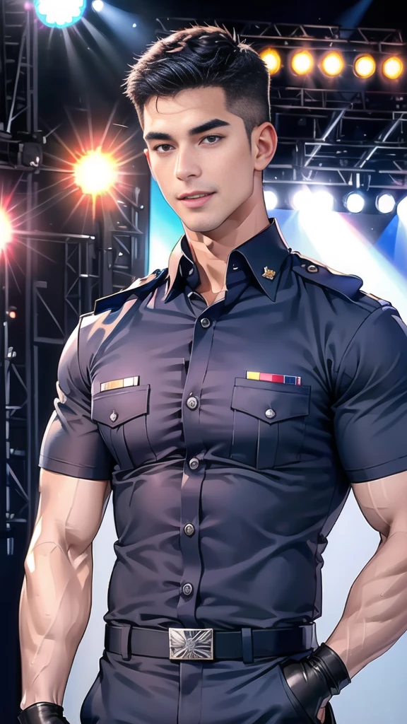 handsome man,(crew cut short hair:1.2),black eye,smile,open mouth
(navy police uniform:1.2),(shirt short sleeves:1.2),collar,(shirt covered over:1.2),(name tag and Police badge:1.2),(shirt no buttons:1.1),(black_gloves:1.3),
(Navy blue cargo:1.2),Korean guy,korean men,(High gloss details),(chest muscles:1.2),(large arm muscles:1.2),blood vessel,Big muscles,Broad shoulders,looking at the audience,Balancing the eyes,middle of the road,(stage:1.4),