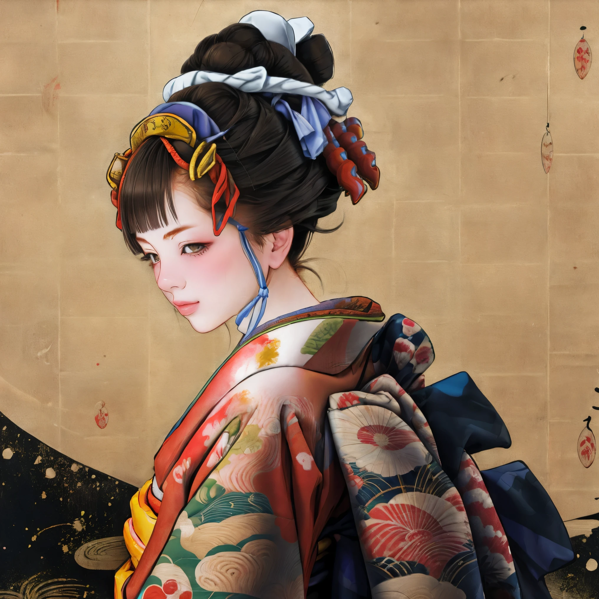 1 Girl, alone, Oiran, Maiko, country, Looking at the audience, short hair, Brown eyes, Brown Hair, Black Hair, hair ornaments, Upper Body, kimono, Blunt bangs, kimono, sash, Compensate, Bob cut hair,