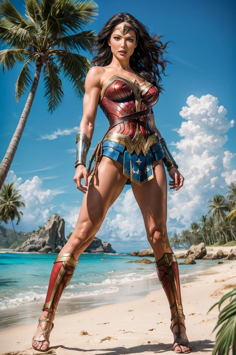 full body sexy beauty muscular archaeologist woman alis Wonder Woman, tall muscular, black long straight hair, blue eyes, red lips, Wonder Woman costume, wonder woman in combat position on the beach of a tropical island, lush vegetation, palm trees, bushes, ancient ruined city in the distance, fog, blurred shadows, photorealistic,