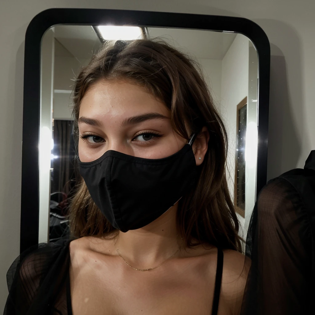 polaroid photo, night photo, photo of gigi hadid wearing mask staring at mirror and her reflection, black background , motion blur, hyperealistic 