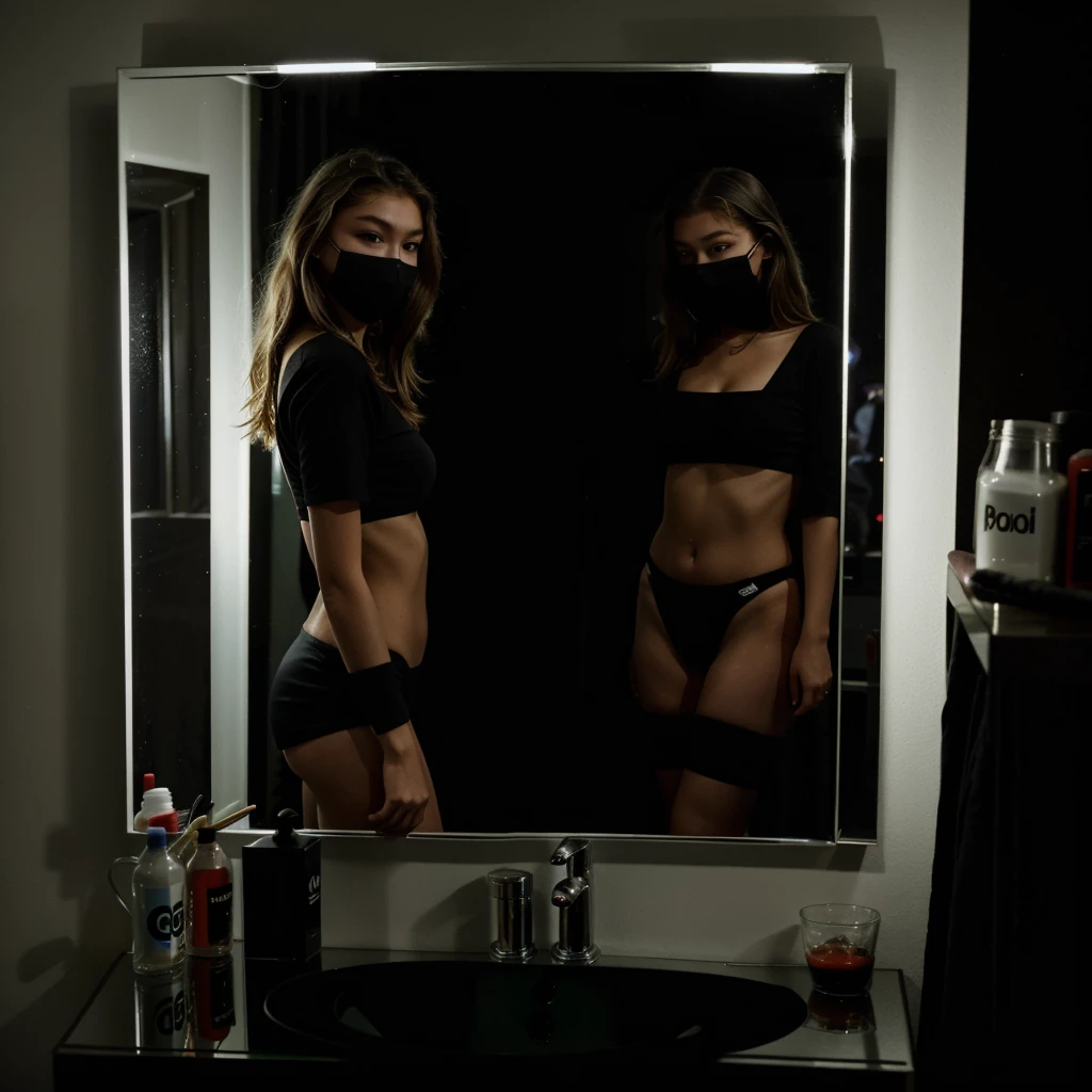 polaroid photo, night photo, photo of gigi hadid wearing mask staring at mirror and her reflection, black background , motion blur, hyperealistic 
