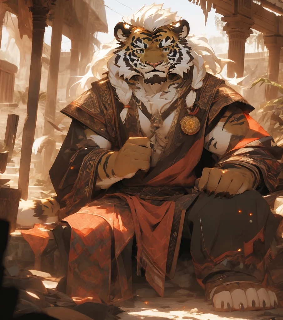 Beast field,hairy,Red Tiger,Long hair,White hair,White eyebrows, Tiger,sit,Sunlight, hairy boy,hairy,particle, Blue glow,Detailed background,Reality,8k HD,Dark Shadows, Wide dynamic range,1 boy,Solitary,muscular male,Empty,8k HD,Extremely detailed,Detailed background,masterpiece,muscular,muscular anthro,Looking at the audience,Red fur,Red body,Tony Hale,White hair,temple,Wristband,Pants,Yellow eyes,Tiger Eye,nail,beard