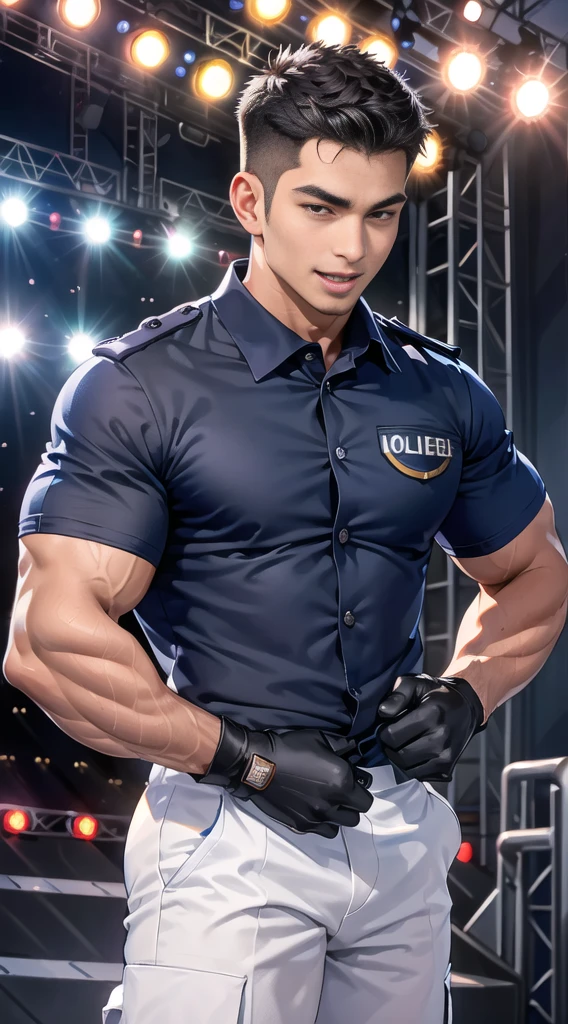 handsome man,(crew cut short hair:1.2),black eye,smile,open mouth
(navy police uniform:1.2),(shirt short sleeves:1.2),collar,(shirt covered over:1.2),(name tag and Police badge:1.2),(shirt no buttons:1.1),(black_gloves:1.3),
(Navy blue cargo:1.2),Korean guy,korean men,(High gloss details),(chest muscles:1.2),(large arm muscles:1.2),blood vessel,Big muscles,Broad shoulders,looking at the audience,Balancing the eyes,middle of the road,(stage:1.4),
