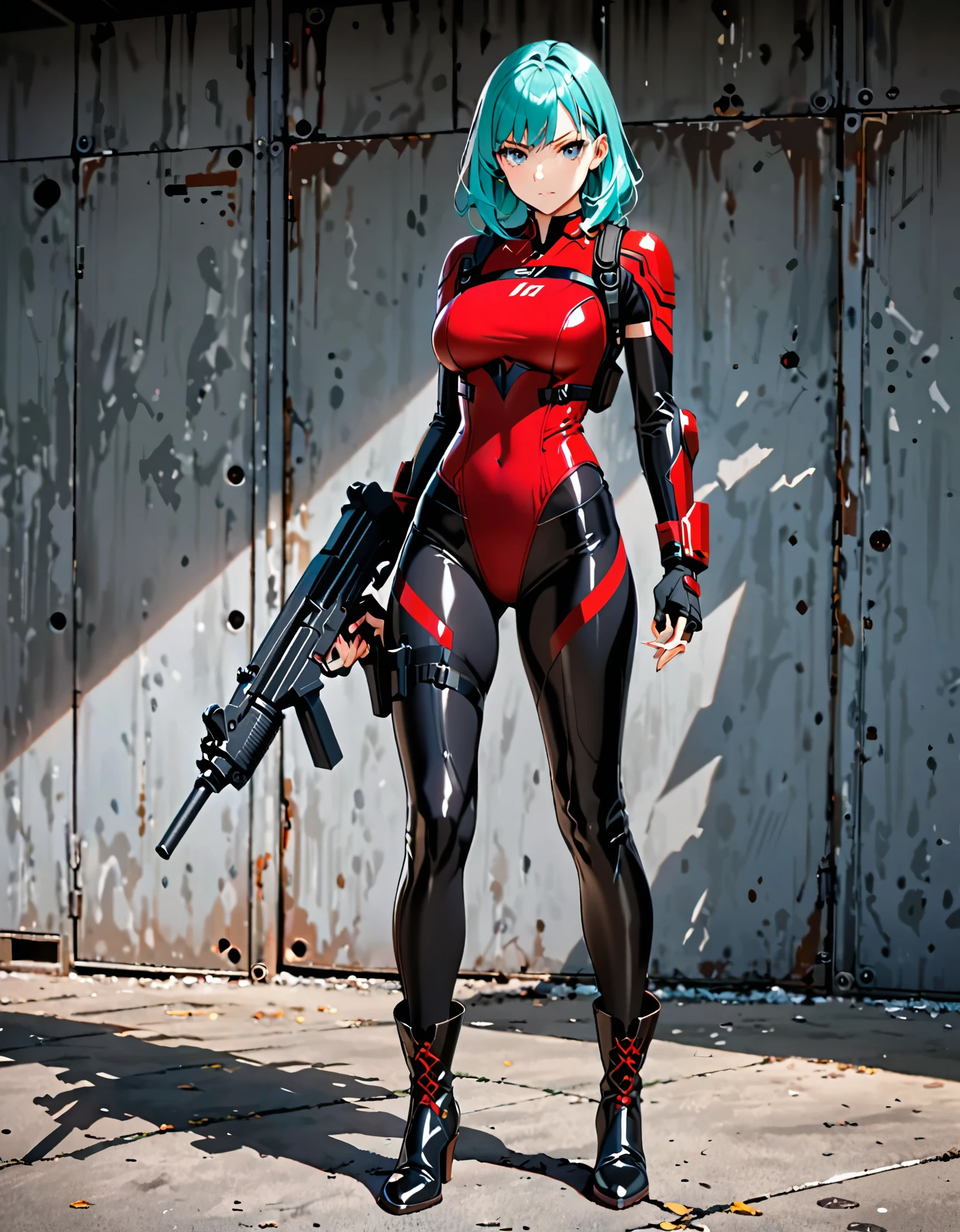 masterpiece, highly detailed, best quality, high quality, 1girl, (solo, solo focus), grey eyes, beautiful detailed eyes, beautiful detailed face, (perfect hands, complete fingers), perfect anatomy, perfect proportions, long aqua hair, (holding uzi), detailed shadows, detailed light, (black skintight bodysuit, (red leotard), shoulder holster), (full black pantyhose, skintight black leggings, perfect fit), matching boots, full body, serious, full body costume design