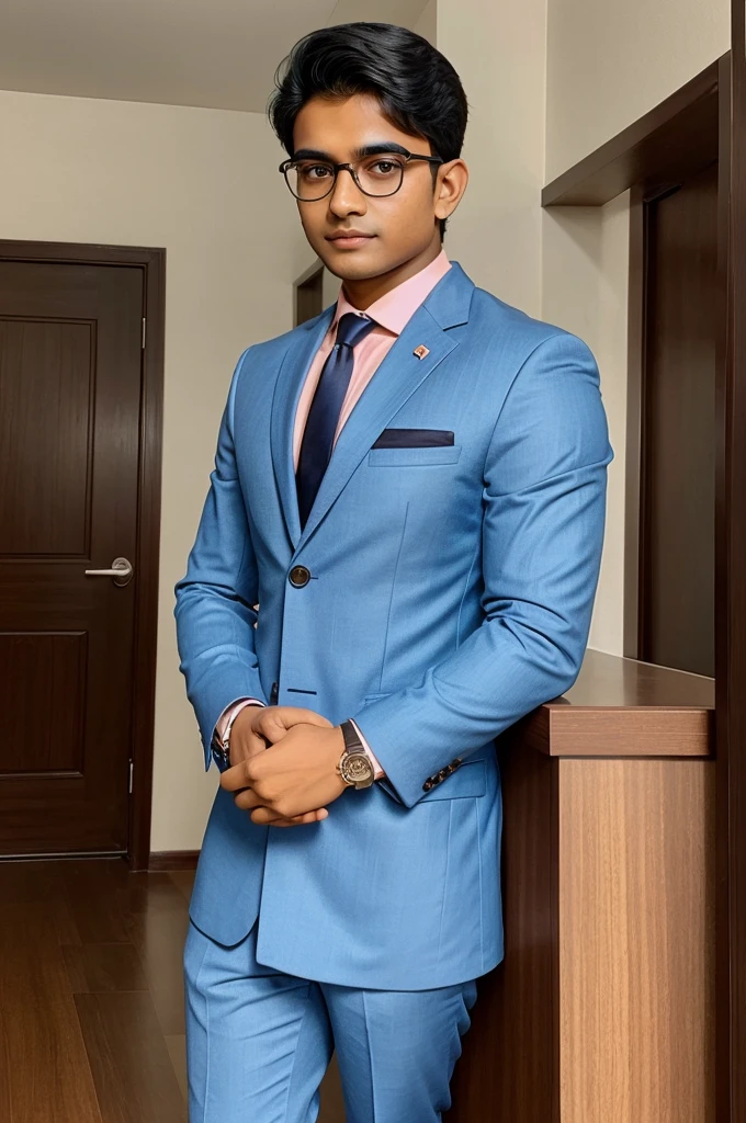 21 year old indian boy With fair skin Wearing spectacles and narrow body Posing for a linkedin picture in formals
