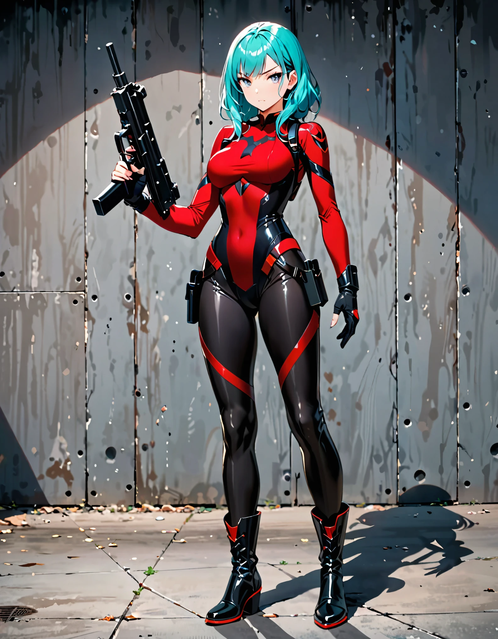 masterpiece, highly detailed, best quality, high quality, 1girl, (solo, solo focus), grey eyes, beautiful detailed eyes, beautiful detailed face, (perfect hands, complete fingers), perfect anatomy, perfect proportions, long aqua hair, (holding uzi), detailed shadows, detailed light, (black skintight bodysuit, (red leotard), shoulder holster), (full black pantyhose, skintight black leggings, perfect fit), matching boots, full body, serious, full body costume design