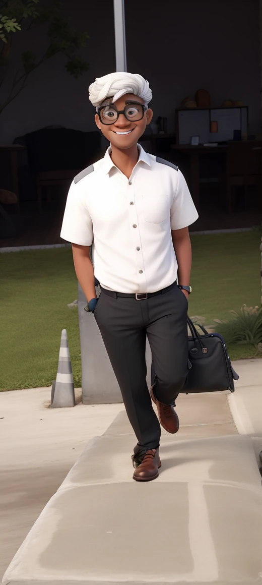 Create a friendly-looking human cartoon character, wearing a formal shirt and black pants. Ele deve ter um estilo moderno e profissional, with a friendly smile. Adicione detalhes coloridos que representem a marca (if applicable). The character may wear glasses and have an accessory such as a laptop or phone.