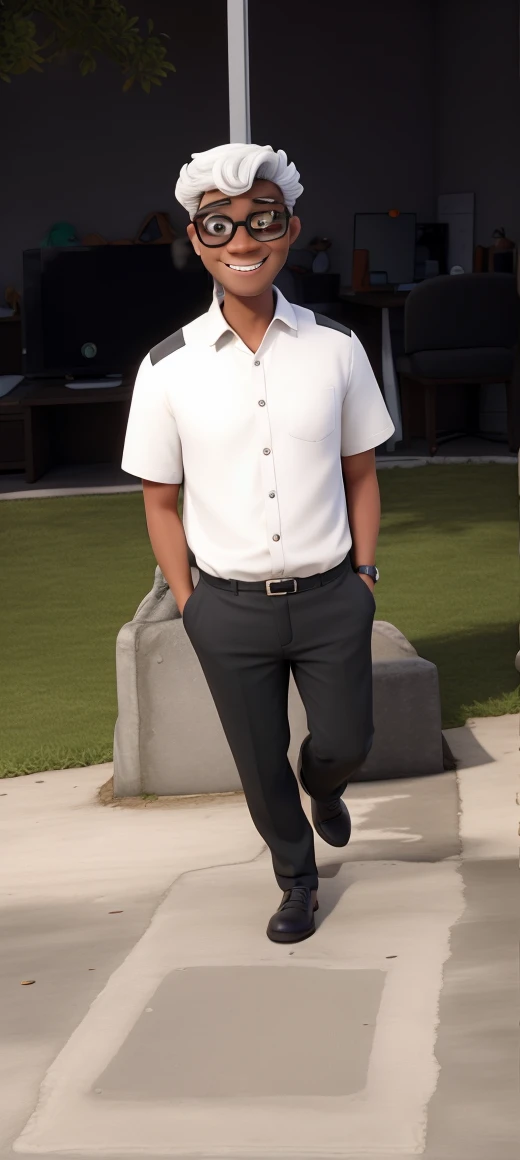 Create a friendly-looking human cartoon character, wearing a formal shirt and black pants. Ele deve ter um estilo moderno e profissional, with a friendly smile. Adicione detalhes coloridos que representem a marca (if applicable). The character may wear glasses and have an accessory such as a laptop or phone.