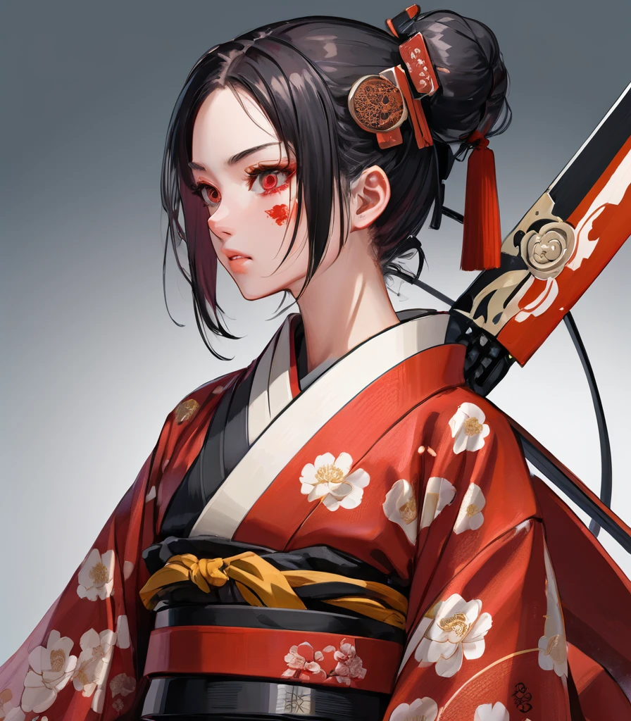 extremely detailed 8K CG, ultra-detailed:1.3, ultra delicate and detailed face:1.3, (absurdres, texture, masterpiece), pixiv contest winner, by Posuka Demizu, from side, full body:1.3, dynamic manga-style illustration of the cyborg samurai girl is full of tension, BREAK Her body and face are facing directly to the left. with sharp eyes and gritted teeth, BREAK she holds her sword and faces to the left. The world is dark and full of passion, the color scheme is blood red and gray, she's bending forward and glaring, her kimono torn in places, exposing her mechanical body.