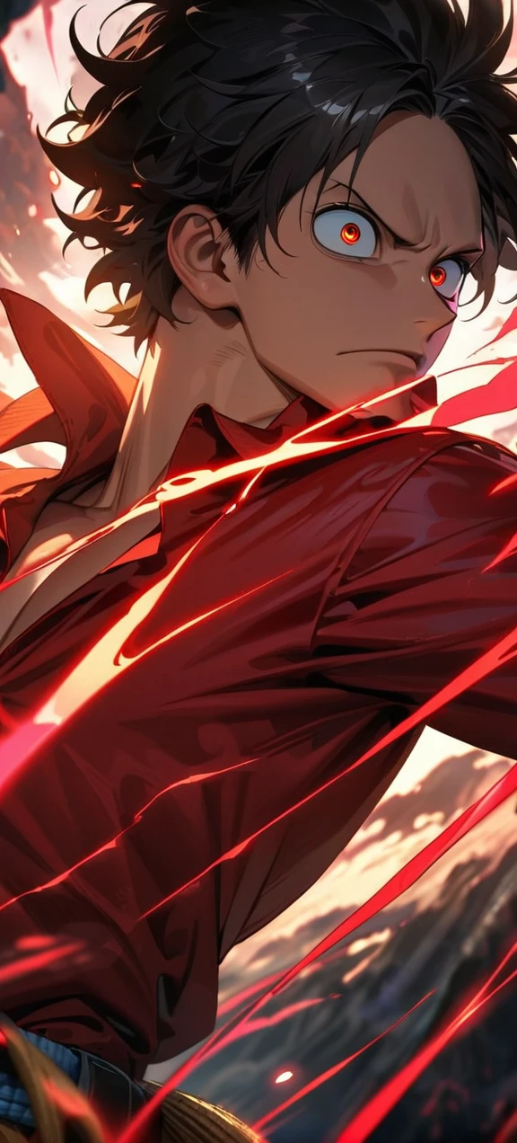 High quality, ,absurdres, highres, ultra detailed, HDR, masterpiece, extremely detailed face and eyes, Luffy , One Piece,, Black hair ,red shirt, solo, ,man, handsome, red splashing effect,red lightning effect,glowing glitters , full effect, symetrical , perfect anatomy