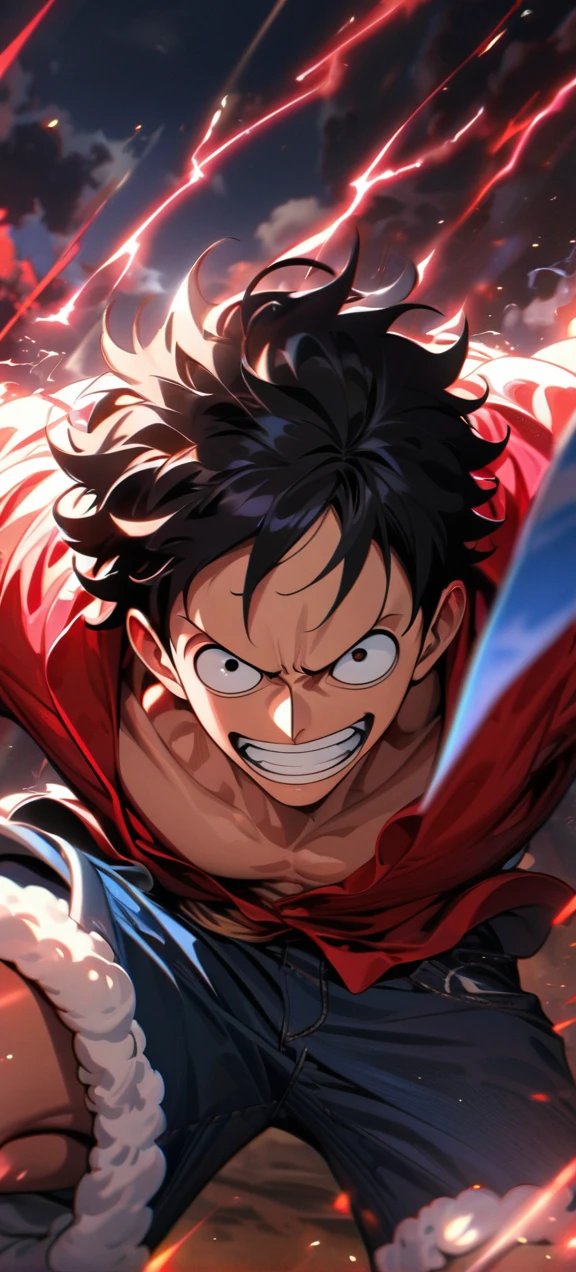 High quality, ,absurdres, highres, ultra detailed, HDR, masterpiece, extremely detailed face and eyes, Luffy , One Piece,, Black hair ,red shirt, solo, ,man, handsome, red splashing effect,red lightning effect,glowing glitters , full effect, symetrical , perfect anatomy