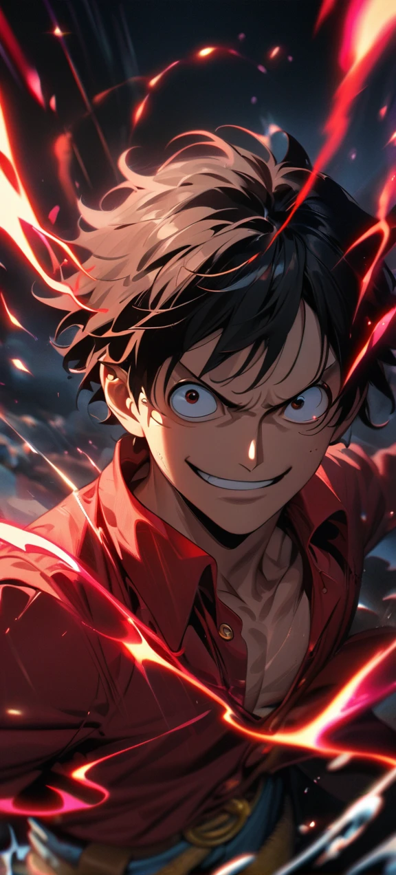 High quality, ,absurdres, highres, ultra detailed, HDR, masterpiece, extremely detailed face and eyes, Luffy , One Piece,, Black hair ,red shirt, solo, ,man, handsome, red splashing effect,red lightning effect,glowing glitters , full effect, symetrical , perfect anatomy