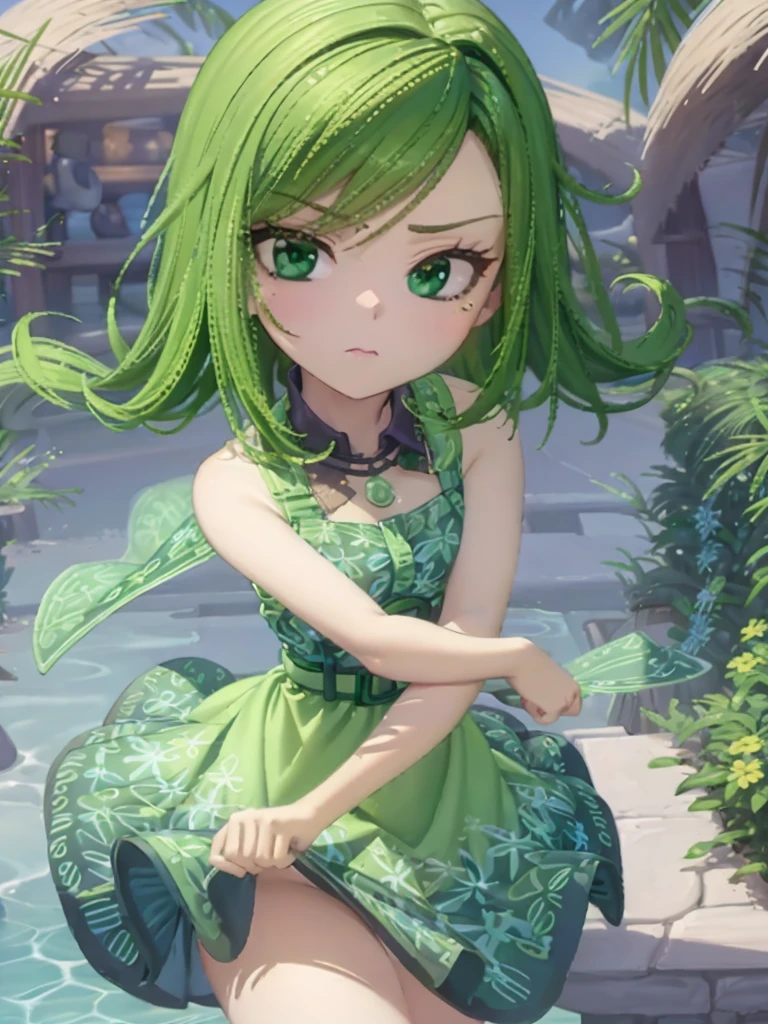 1girl, solo, green skin, green eyes, big eyes, long eyelashes, green hair, short hair, shiny hair, medium breasts, green dress, apron dress, floral print dress, green belt, purple scarf, green leggins, looking at viewer, bare arms, disgust face, narrow waist, big butt, covered nipples,