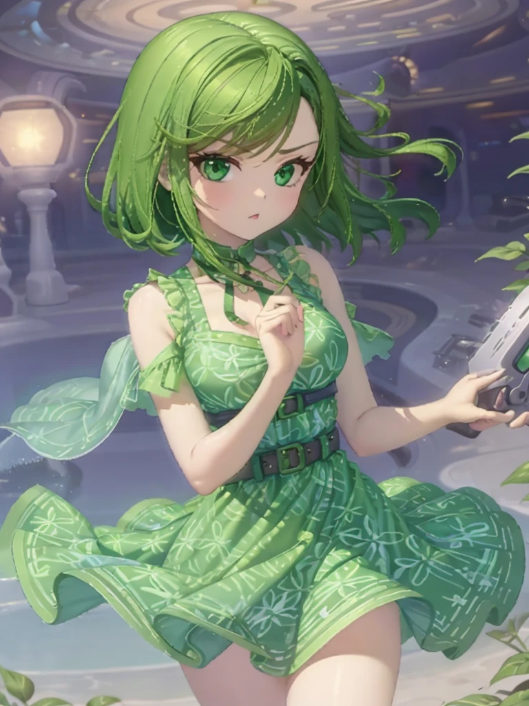 1girl, solo, green skin, green eyes, big eyes, long eyelashes, green hair, short hair, shiny hair, medium breasts, green dress, apron dress, floral print dress, green belt, purple scarf, green leggins, looking at viewer, bare arms, disgust face, narrow waist, big butt, covered nipples,