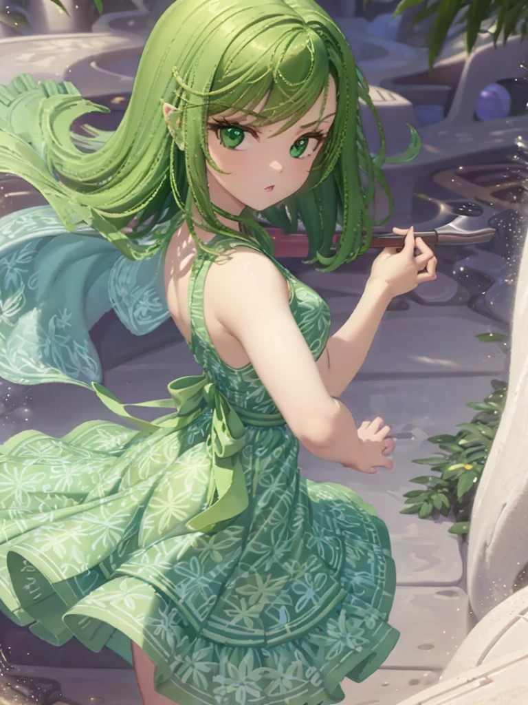 1girl, solo, green skin, green eyes, big eyes, long eyelashes, green hair, short hair, shiny hair, medium breasts, green dress, apron dress, floral print dress, green belt, purple scarf, green leggins, looking at viewer, bare arms, disgust face, narrow waist, big butt, covered nipples,