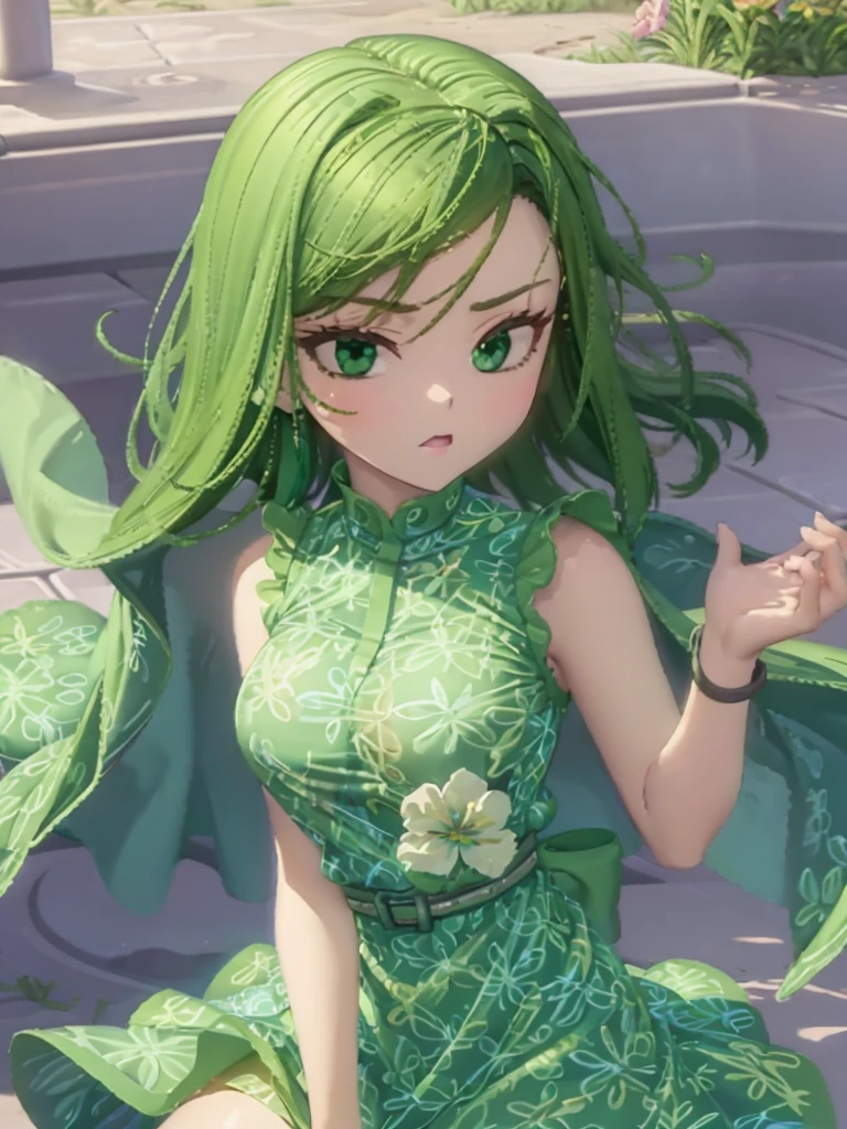 1girl, solo, green skin, green eyes, big eyes, long eyelashes, green hair, short hair, shiny hair, medium breasts, green dress, apron dress, floral print dress, green belt, purple scarf, green leggins, looking at viewer, bare arms, disgust face, narrow waist, big butt, covered nipples,