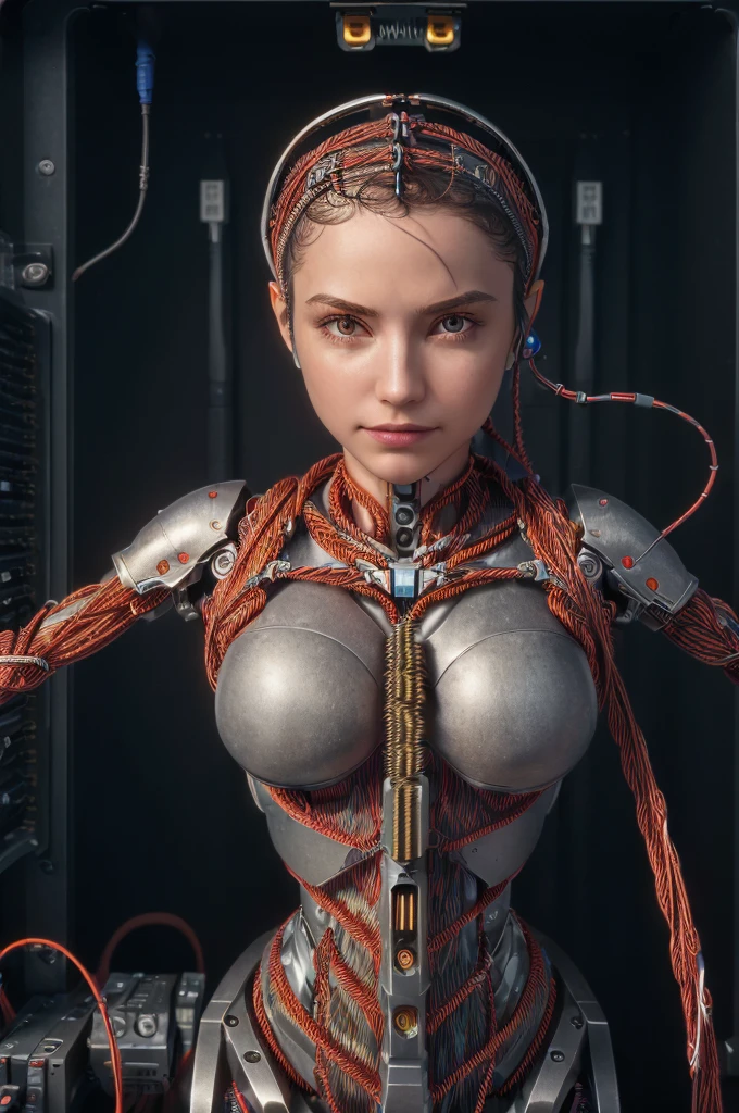 (((masterpiece))), ((best quality)), ((ultra-detailed)), (CG illustration), (an extremely devious and beautiful)), (cute desktop face), cinematic light, ((1 mechanical girl)), single, full, (machine-made joints). : 1.4), ((mechanical limb)), (blood vessel attached to tube), ((mechanical spine attached to back)), ((mechanical cervical vertebrae attached to neck), ((war machine)), expressionless, (wires and cables attached to head and body: 1.5), (character focus), science fiction