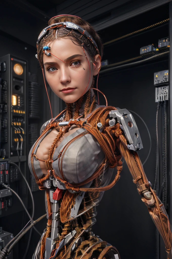 (((masterpiece))), ((best quality)), ((ultra-detailed)), (CG illustration), (an extremely devious and beautiful)), (cute desktop face), cinematic light, ((1 mechanical girl)), single, full, (machine-made joints). : 1.4), ((mechanical limb)), (blood vessel attached to tube), ((mechanical spine attached to back)), ((mechanical cervical vertebrae attached to neck), ((war machine)), expressionless, (wires and cables attached to head and body: 1.5), (character focus), science fiction