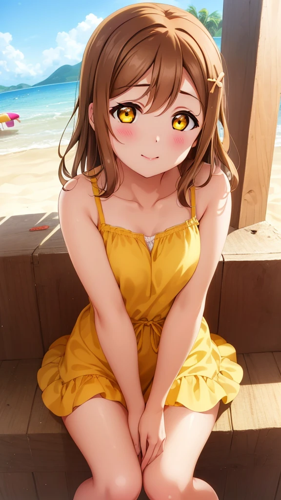 1girl, kunikida hanamaru, brown hair, yellow eyes, blush, messy hair, masterpiece, high quality, detailed body, detailed face, swimsuit, beach