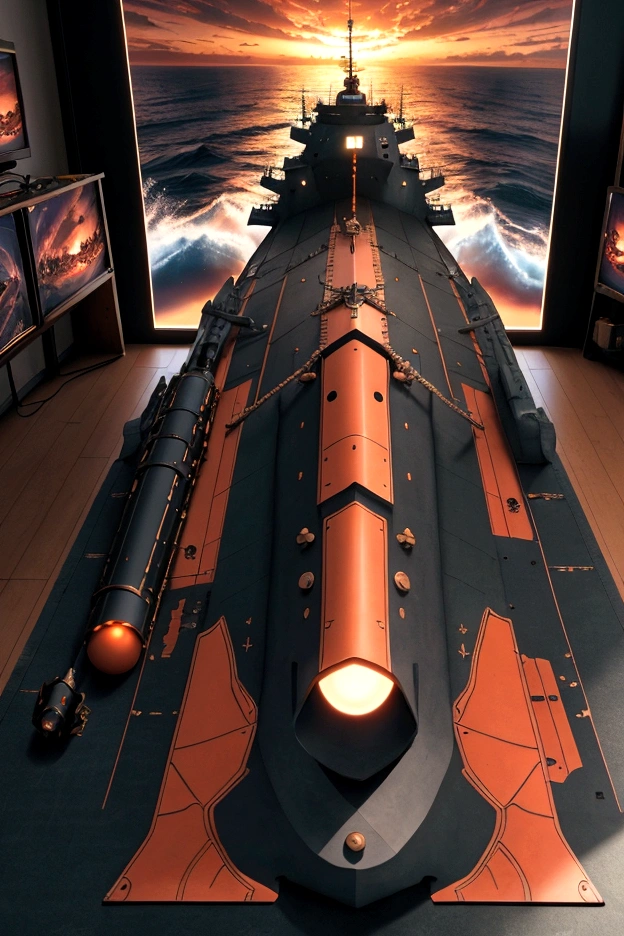 (best quality,4K,8K,high resolution,Super CG Rendering,Downward view,Broad View,On the table:1.2),Extremely detailed,(Practical,Reality,Photorealistic:1.37),Epic scene,Practical military background, Amazing naval battle, 海洋Battleship, warship, Cancore style, wallpaper, Battleship, Large-scale naval battles full of fantasy elements, Yamato Battleship, Fleet Collection Arcade Game Room, high quality, Extremely detailed, submarine, Surrounded by red,Downward view,Ultra-wide-angle lens shooting effect,tone,Professional lighting,Sunset,Orange sky,dreamy clouds