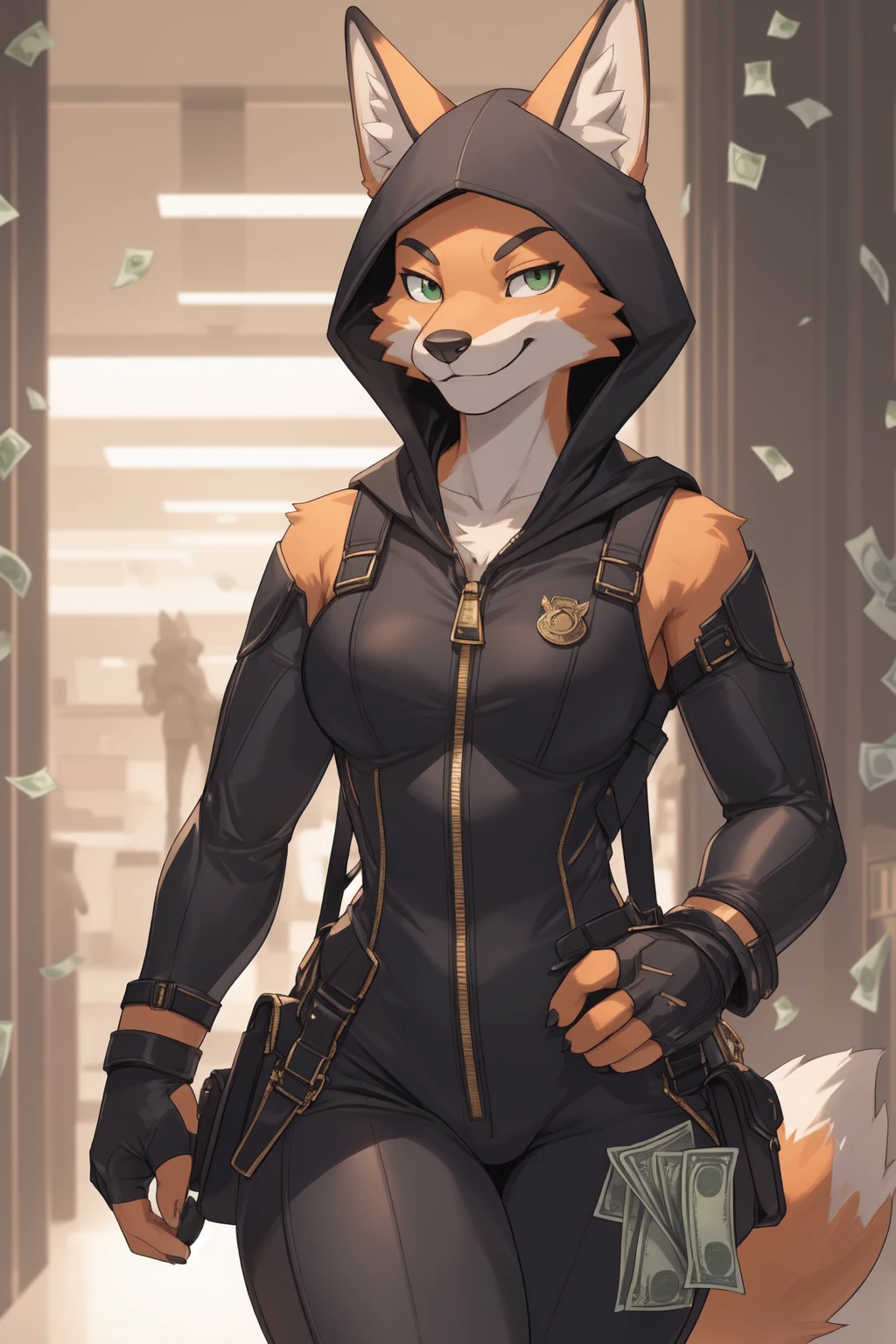diane foxington, female, fox, orange fur, green eyes,single [eyebrow piercing], clothed, solo,(black (bodysuit:1.1) with yellow trim and black wraps:1.0), zipper, hood, clothing, sexy, curvy, fingerless gloves, smirk, shoulder bag, bank, vault, money dollar bills, gold bars, sexy, curvy, smirk, 4 fingers, 