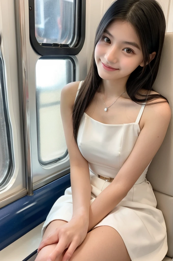 On the train, high school sophomore, sugar daddy, white shorts under the miniskirt are visible, ((full body)), ((photo)), ((best qualtiy, 8K, tmasterpiece:1.3)), Focus:1.2, perfect figure beautiful girl:1.4, 1girl, cowboy shot, look at viewer, eyes facing the camera, incredibly absurd, beautiful and cute girl with a photorealistic face, showcasing top-quality craftsmanship, Japanese girl sitting on a train seat late at night, 15 years old, long black hair, straight, see-through bangs, fair skin, large eyes with droopy eyes, jet black eyes, naturally thick eyebrows, long eyelashes, straight nose, thin lips, cute smile with upturned corners of the mouth, slightly sunken cheeks, small face, average build, delicate, slender, long fingers, long limbs, long nails, beautiful D-cup breasts, pale pink sleeveless top, white miniskirt, delicate strap sandals, silver necklace, scarf around neck, small shoulder bag, beautiful girl, ladylike, neat, gentle, laid-back, shy, well-bred, August