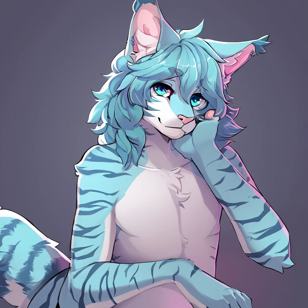 adult, feline, mammal, anthro, anthromorphic, cat, striped, fur, furred_anthro, femboy, male, blue, ear_tufts, purple, paws, hair_tuft, hair_between_eyes, long_tail, fluffy, expressive_eyes, blue/teal_hair, light looking_at_viewer, blue_fur, shy, small_pupils, spotted_pattern, stripes, tiger_stripes, digital_art, high_resolution, high_res, background, shy, posing, laying_down, pink_paws, paws