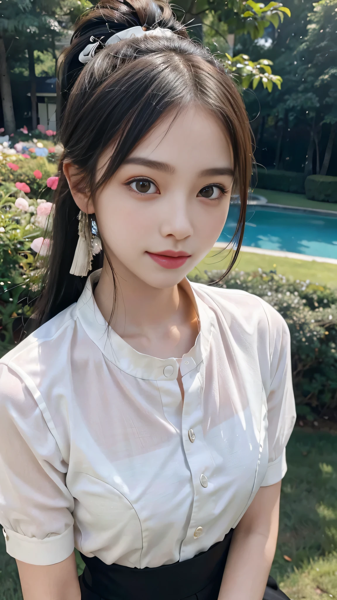 collared dress,Park,On the lawn,Close up face,One woman,masutepiece, The highest image quality, High quality, the background is clear,Beautiful woman, Japanese,Ultra-detailed, finely detail, hight resolution, 8K Wallpaper, Perfect dynamic composition, Beautiful detailed eyes , Detailed, Detailed eyes, Detailed skin, Beautiful skin, 超hight resolution, (reality: 1.4),Very beautiful woman, Slightly younger face, Beautiful skin, slender, (Ultra photo realsisim), (hight resolution), (8K), (Very detailed) (beautifully detailed eyes), (super detailed), (Detailed face), view the viewer, Fine details, Detailed face, Staring straight ahead, Staring straight ahead, photos realistic, Bright lighting, Professional Lighting, Black hair,poneyTail,a baby face,sixteen years old,Hairstyle: ponytail,Long ponytail hairstyle,slight smile,neat and tidy clothing,Beautiful Japanese KPOP idol photo, hair style is ponytail, my eyes are double and wide, baby face, smile and look straight ahead, slender, small breasts,Close up face,