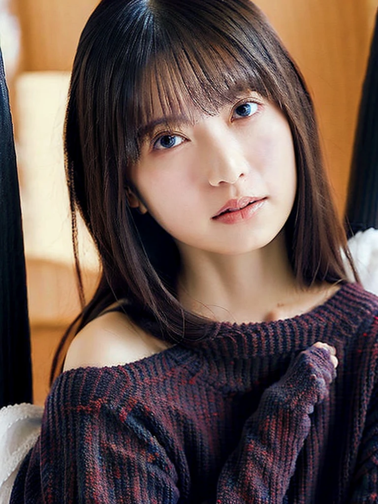 extremely detailed CG unity 8k wallpaper, best quality, ultra-detailed, masterpiece, realistic, photo realistic, extremely detailed cute girl, 27years old, blush, parted lips, dropping eyes, blue off-shoulder sweater, mini skirt, panty shot, looking at viewer , half body shot , Tokyo street,Complete quality。8K imAge。Super high quality。(((That personBeautiful woman。:3.4)))26Age