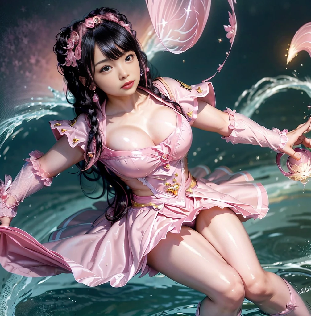 Highest quality，masterpiece，Ultra-high resolution, Very detailed, 8K，a  beautiful Japanese woman:1.5, Small face, Black Hair, blunt bangs, Breast Augmentation Surgery, (Detailed pink magical girl heroine costume:1.5),　Very pleasant look、　Very detailedな臭い脇の下、　height:150cm