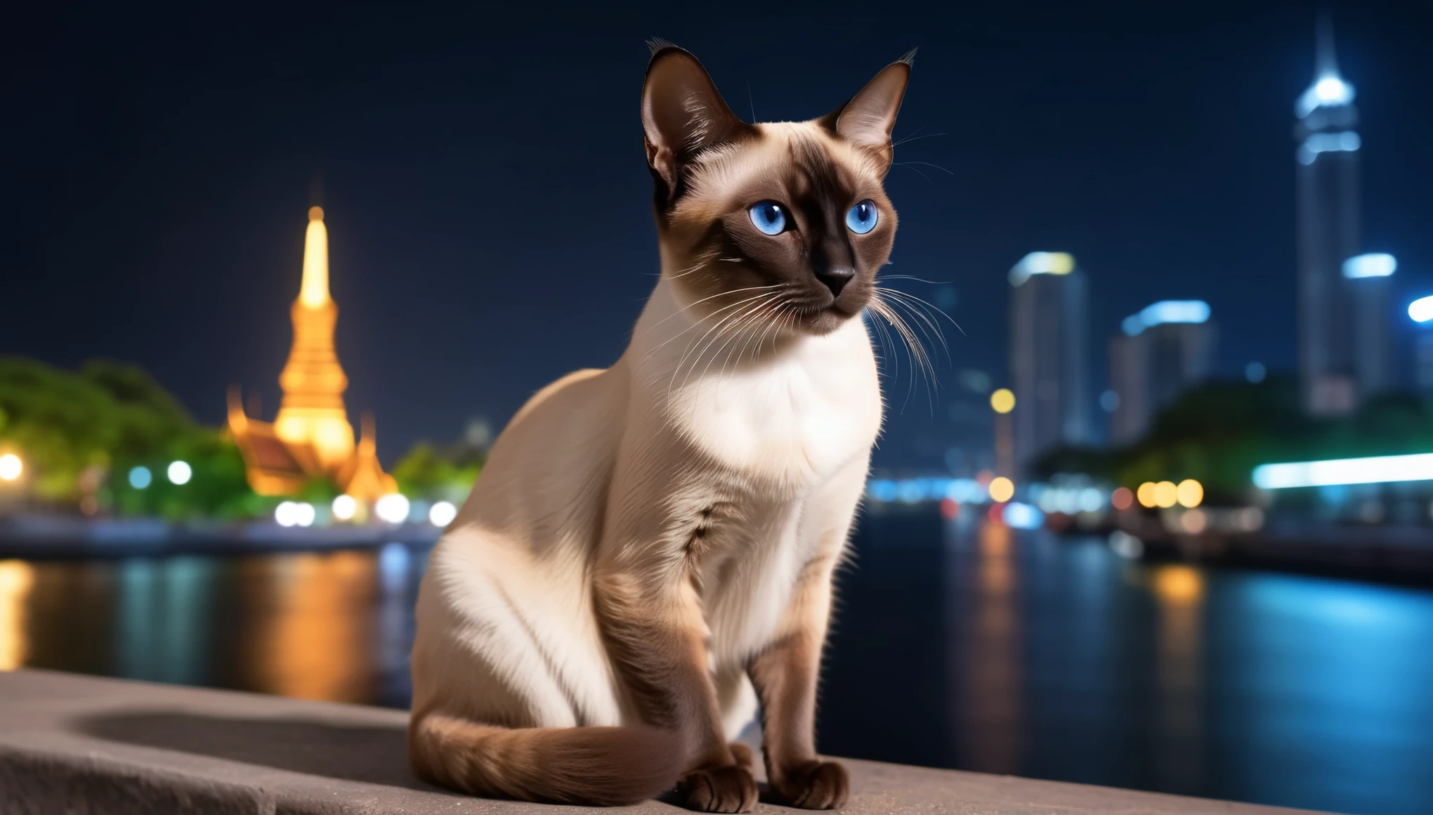 There is no one, realistic photo, photo realism, realism, siam (Siamese) cat, perfect composition, intricate details, Very sharp, masterpiece, profile, high resolution, looking at the viewer, full body photo in city night view