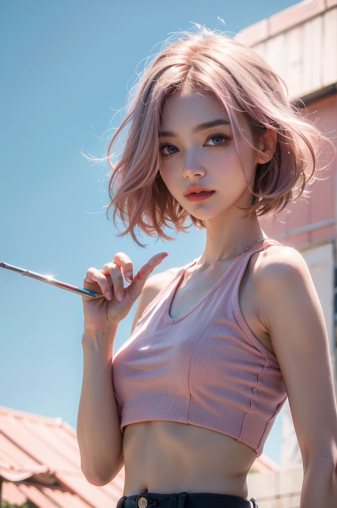 Light pink hair, blue eyes, pink and white, summer, vivid colors, croptop, paint splash, simple background, ray tracing, short hair