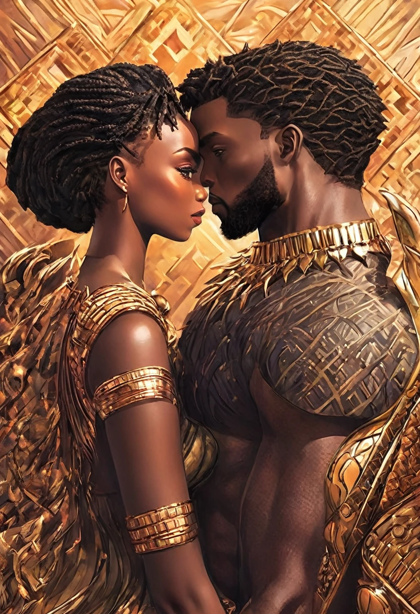 A vivid detailed masterpiece depicting different  beautiful handsomemale and female couplesof and from Wakanda