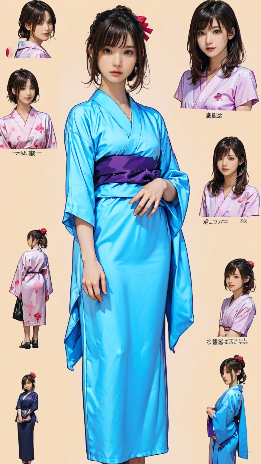 ((masterpiece)),(((Highest quality))),((Character design sheet)),Thin thighs,Long legs,masterpiece, Japanese Yukata，woman, 30 years old, 