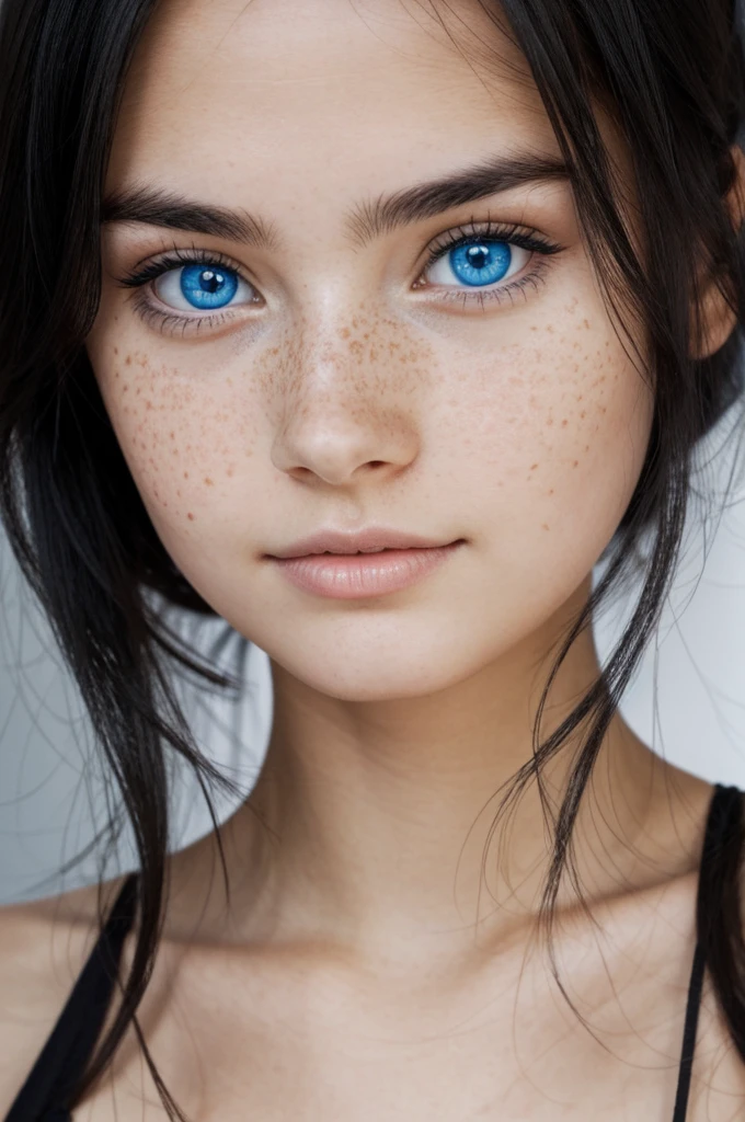 A black-haired girl, with blue eyes and a very few freckles 