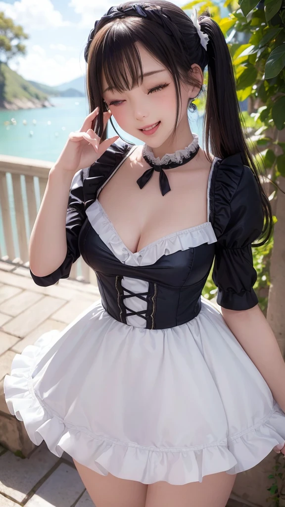 ((masterpiece)), ((highest quality、Ultra high definition)), (Very detailed),8K、Photo quality、((Amazingly cute girl)),( 14-year-old girl), Two people, , (Beautiful emerald blue eyes), ((smile)),In the open-air bath overlooking the sea, Beautifully arranged black hair in twin tails、whole body、((Super high-end white see-through summer gothic lolita maid costume、A super mini skirt with lots of frills))、Professional Lighting、(White lace knee-highore detailed and beautiful)、(More details and cutenesore realistic)、(((Winking with one eye closed)))、
