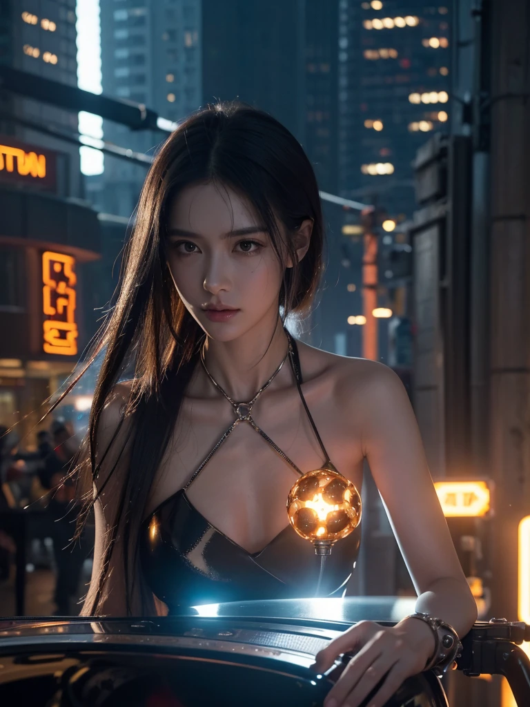 highest quality, table top, ultra high resolution, ((PhotoRealistic: 1.4), raw photo, 1 CybeRpunk GiRl, Shiny, shiny skin, 1 mechanical giRl, (SupeR Realistic details)), mechanical limbs, Tubes attached to mechanical paRts, Mechanical veRtebRae attached to the spine, mechanical ceRvical attachment to the neck, wiRes and cables connecting to head, Evangelion, ghost in the shell, shining little light, world lights, deep shadows, Octane RendeRing, 8K, ultRashaRp, metal, IntRicate ORnament Details, BaRoque details, highly intRicate detail, realistic light, TRends in CG, Facing the cameRa, Neon sign details, (AndRoid factoRy in backgRound), aRt by H.R. texture, confused expression, destroyed city background, spaceship floating in the sky, War, flame, weapon,