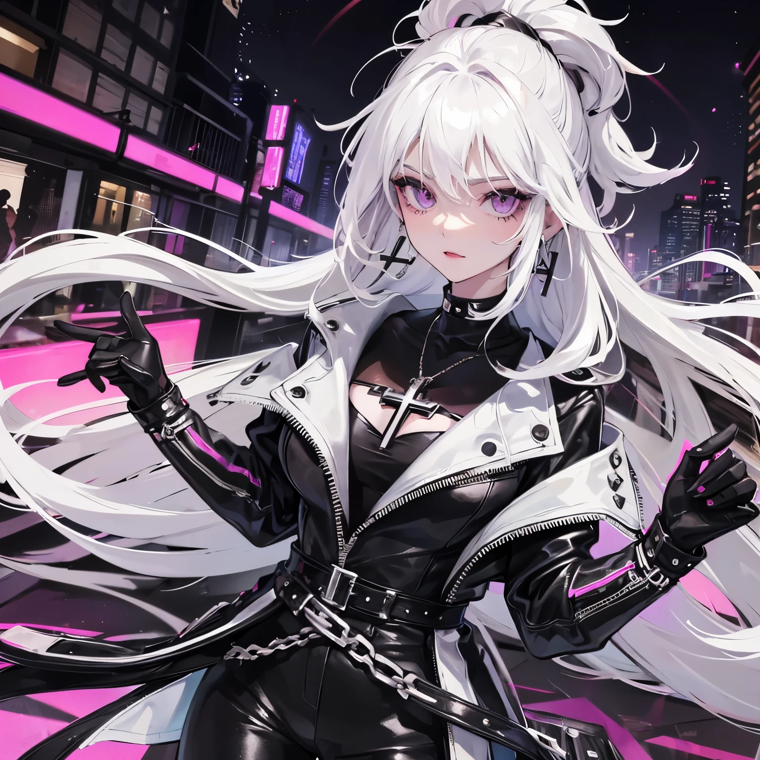 a girl , white haired with long ash hairstyle, cross earrings , cross necklace , Wearing a black leather biker jacket, black leather pants, , , city scenery , cool , Punk , Night Light , High quality, mafia vibe, korean face, purple eyes, punk ,street wear,