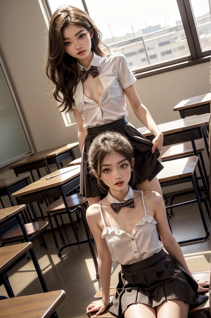 ((Highest quality)), ((masterpiece)), (detailed) ,((one girl)), (classroom), One girl, ((nipple)),sexy, 18 years old、Japanese、((flat chest:1.4)、可愛いJapanese、A bow tie、((nipple))、frilled panties、Perfect Face、(( pretty eyes)) 、Idol-like face、living、((micro mini skirt)),((skirt lift)),((glistening eyes )),((large eyes))、Japanese、((Brown eyes))